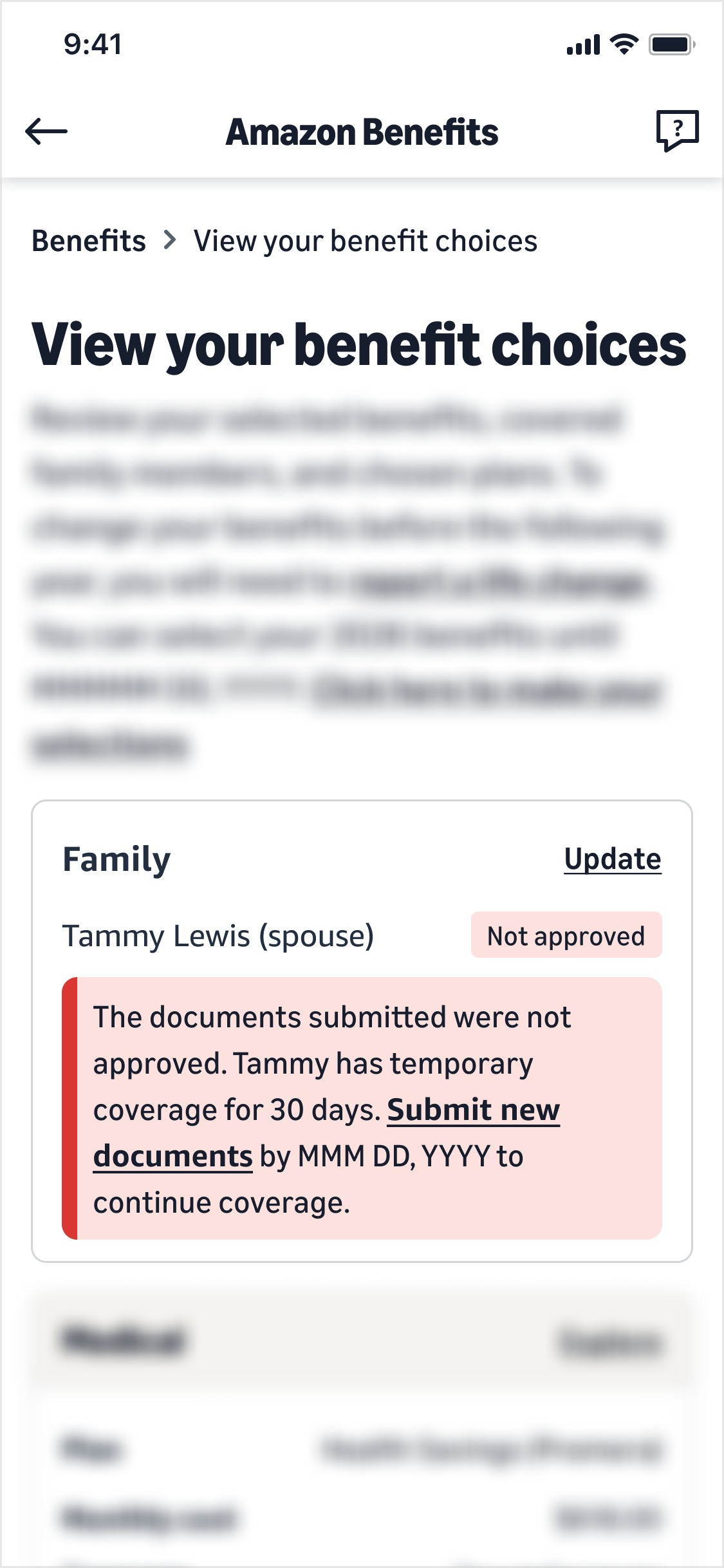 View your choices page: identical Not approved status and red note